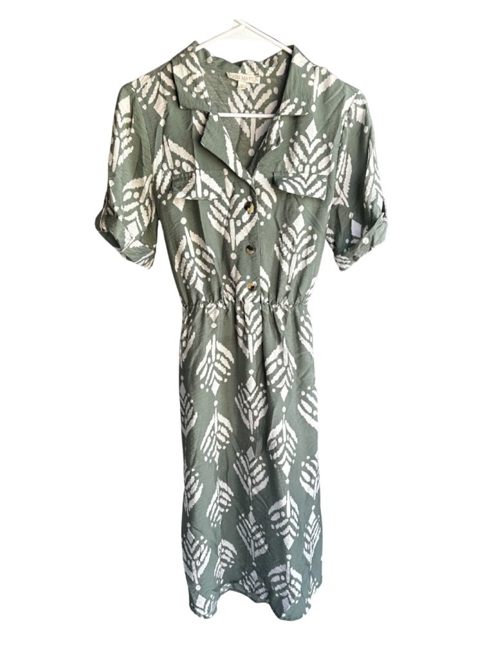 Moon Maven Sage Green Short Sleeve Dress with Buttons & Tie Waist Size Large,